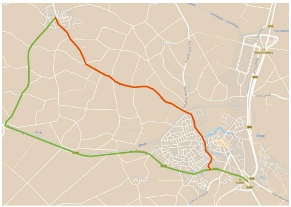 Kaart van de gewenste en ongewenste route in Groenlo