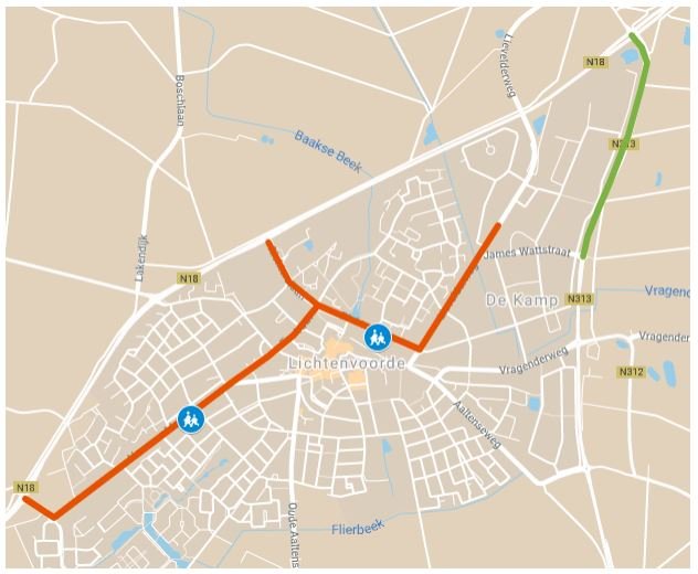 Kaart weergave van de gewenste en ongewenste route in Lichtenvoorde