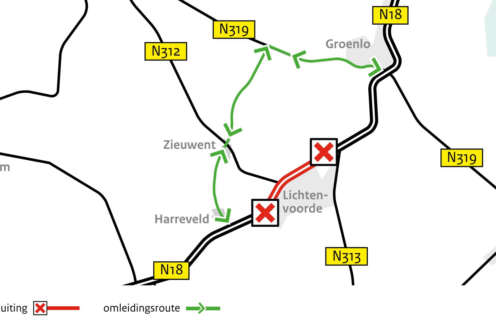 Afbeelding van de lokale omleiding van en naar Zieuwent bij de afsluiting van de N18 bij Lichtenvoorde