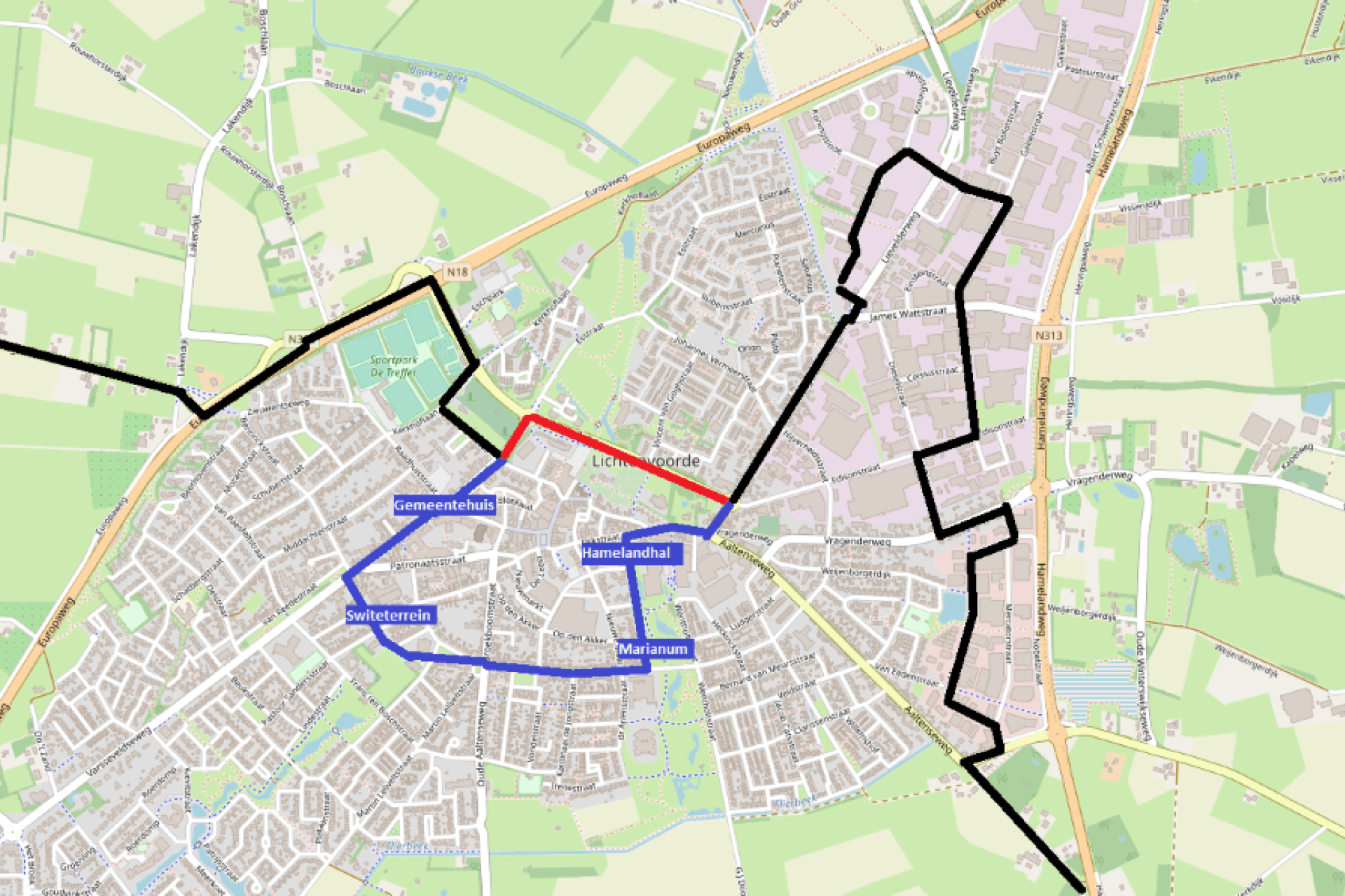 Kaart met nieuwe haltes voor de buurtbus in Lichtenvoorde